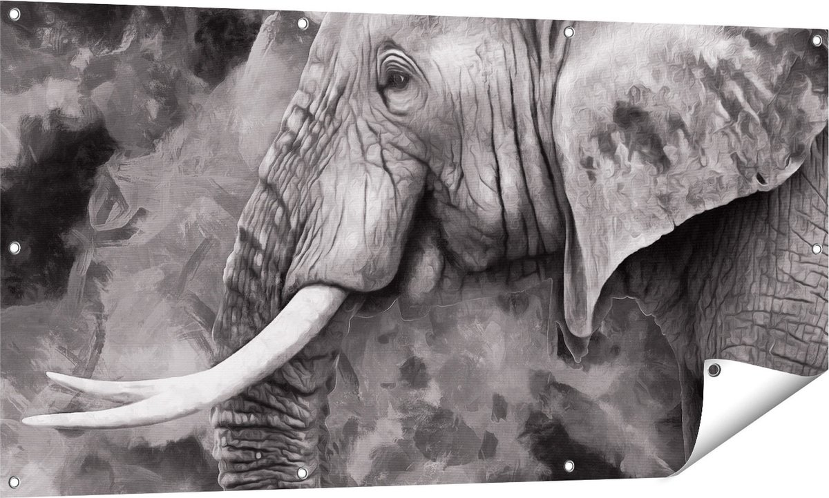 Gards Tuinposter Olifant - Abstract - Zwart Wit - 140x70 cm - Tuindoek - Tuindecoratie - Wanddecoratie buiten - Tuinschilderij Multikleur
