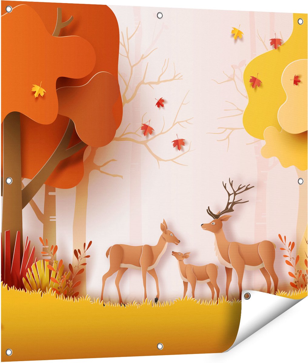 Gards Tuinposter Herten in het Bos Illustratie - Abstract - 90x90 cm - Tuindoek - Tuindecoratie - Wanddecoratie buiten - Tuinschilderij Multikleur