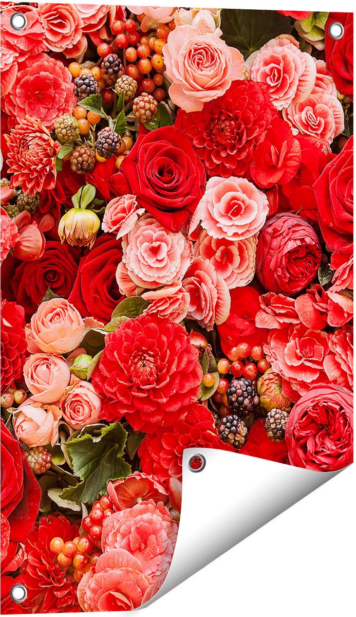 Gards Tuinposter Rode en Roze Bloemen met Fruit - Abstract - 40x60 cm - Tuindoek - Tuindecoratie - Wanddecoratie buiten - Tuinschilderij Multikleur