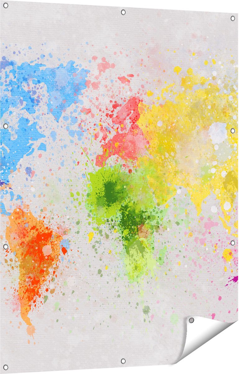 Gards Tuinposter Wereldkaart met Verfvlekken - Abstract - 90x120 cm - Tuindoek - Tuindecoratie - Wanddecoratie buiten - Tuinschilderij Multikleur