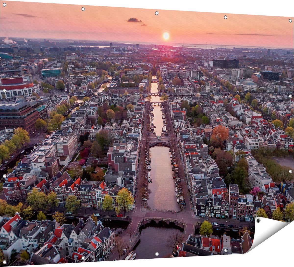 Gards Tuinposter Bovenaanzicht Amsterdam met Zonsondergang - 160x120 cm - Tuindoek - Tuindecoratie - Wanddecoratie buiten - Tuinschilderij Multikleur