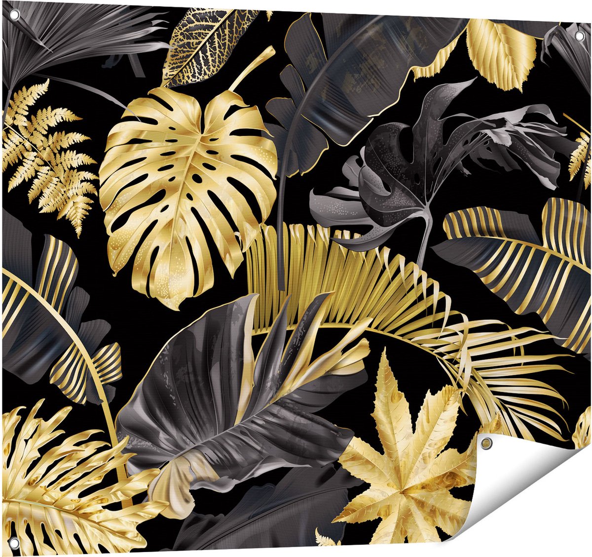 Gards Tuinposter Gouden Tropische Bladeren - 100x80 cm - Tuindoek - Tuindecoratie - Wanddecoratie buiten - Tuinschilderij Multikleur