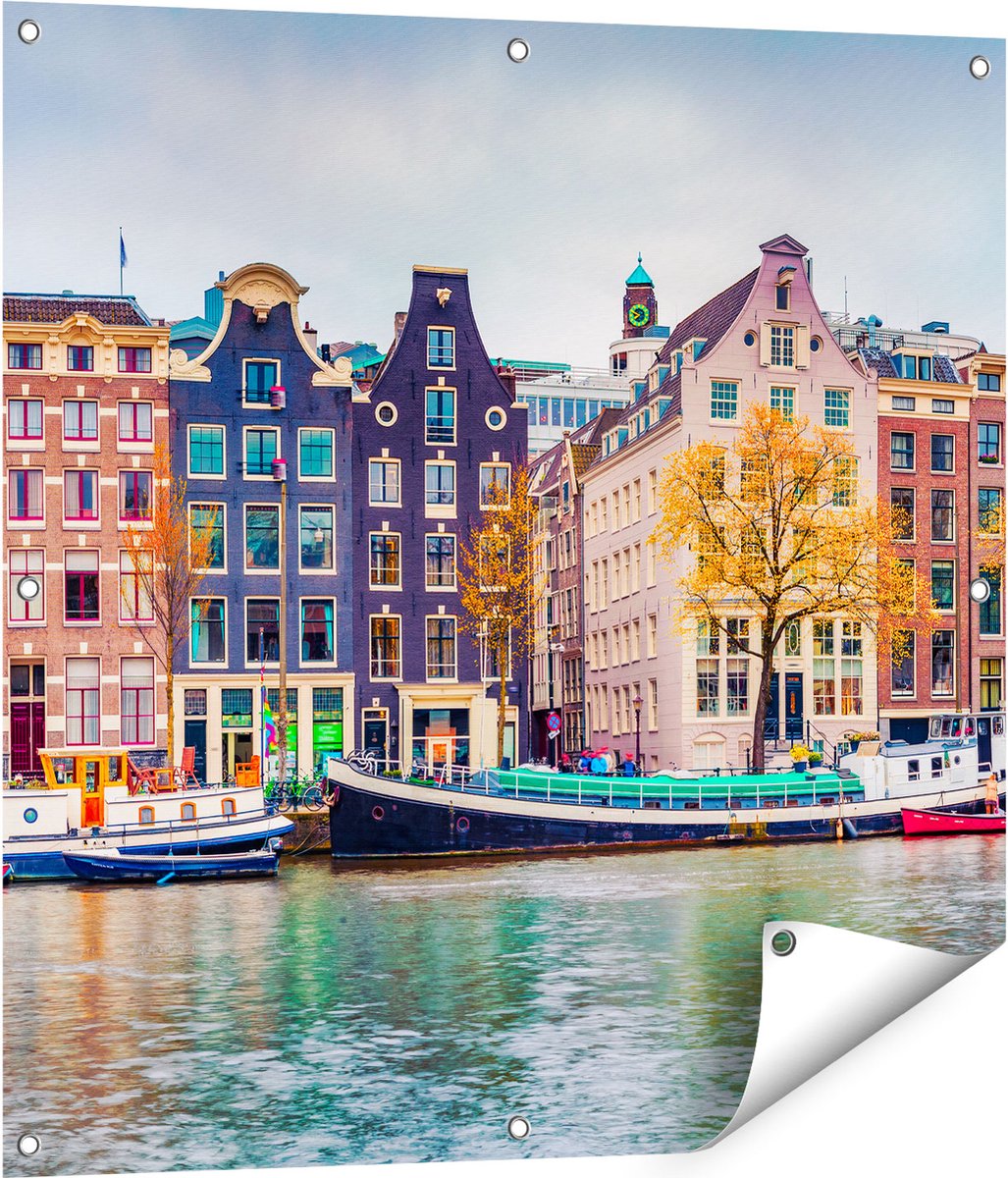 Gards Tuinposter Amsterdamse Huisjes vanaf de Gracht - 80x80 cm - Tuindoek - Tuindecoratie - Wanddecoratie buiten - Tuinschilderij Multikleur