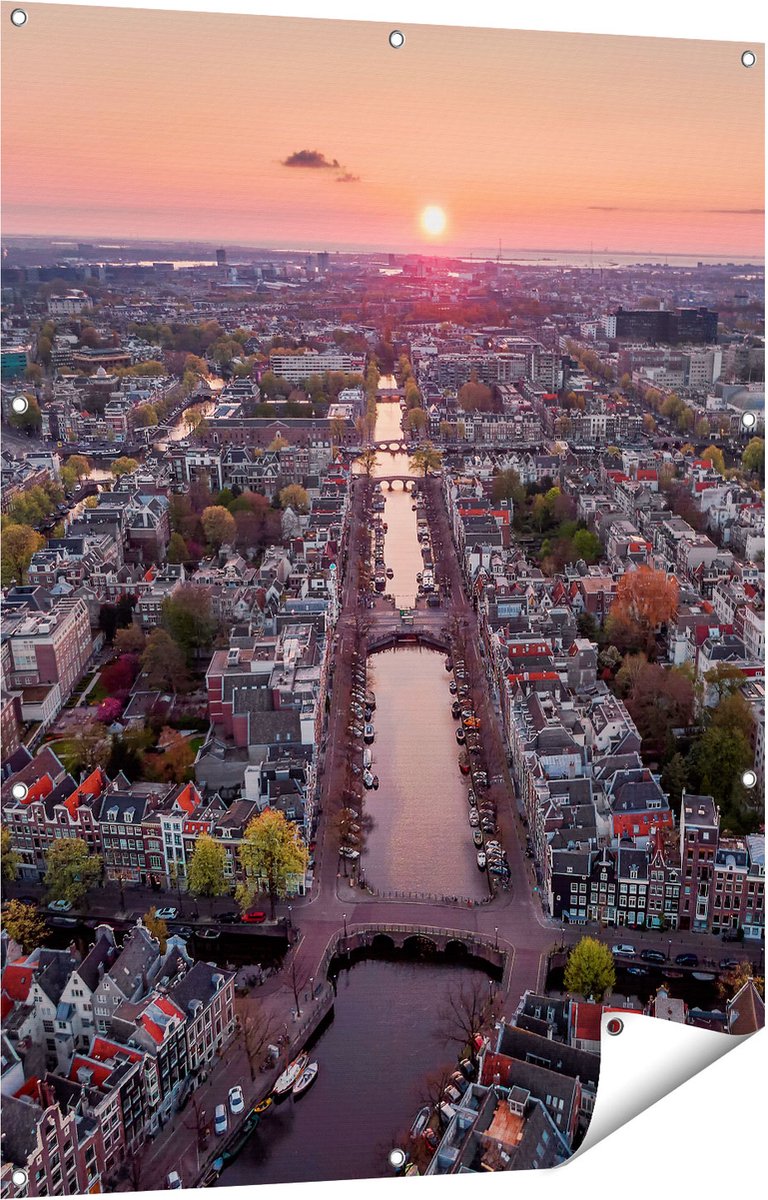 Gards Tuinposter Bovenaanzicht Amsterdam met Zonsondergang - 90x120 cm - Tuindoek - Tuindecoratie - Wanddecoratie buiten - Tuinschilderij Multikleur
