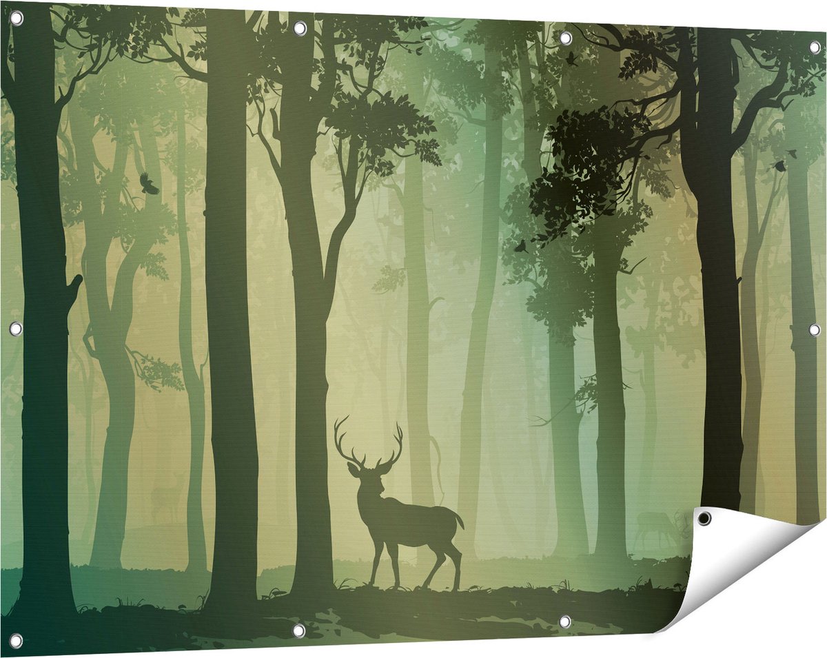 Gards Tuinposter Hert in het Bos - Silhouet - 120x80 cm - Tuindoek - Tuindecoratie - Wanddecoratie buiten - Tuinschilderij Multikleur