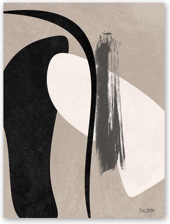 Dibond - Reproduktie / Kunstwerk / Kunst / Abstract / - Wit / zwart / taupe,creme - 50 x 75 cm.