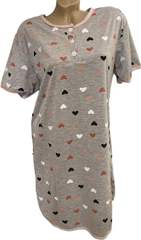 Dames nachthemd korte mouw 6507 met hartenprint XL grijs/roze