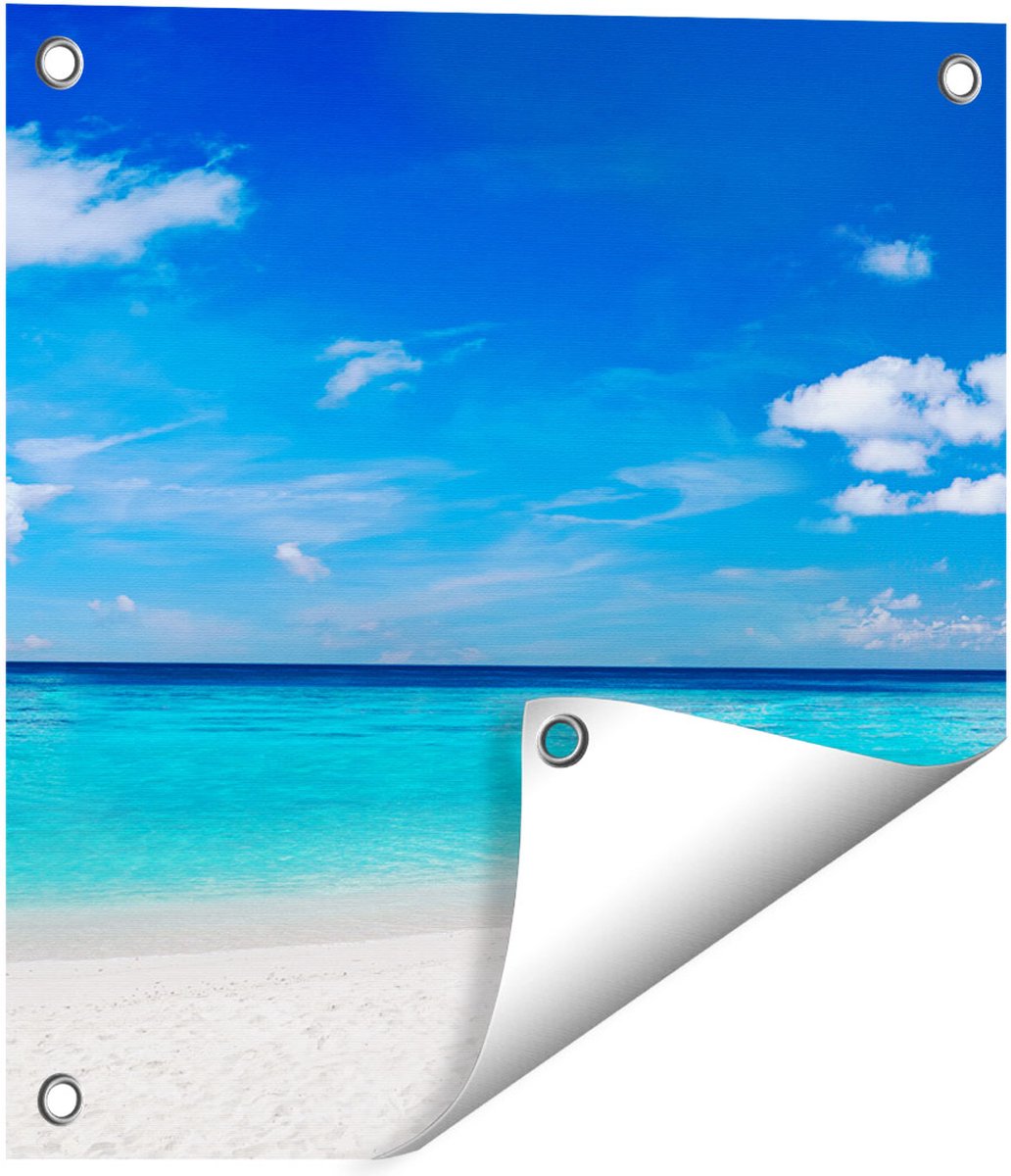 Gards Tuinposter Tropisch Strand met een Palmboom - 40x40 cm - Tuindoek - Tuindecoratie - Wanddecoratie buiten - Tuinschilderij Multikleur