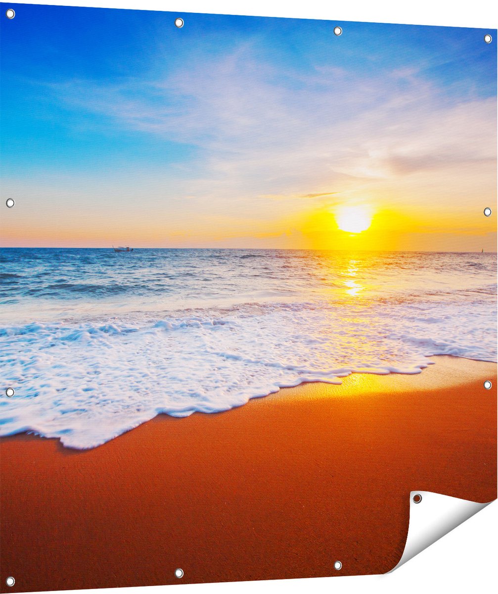 Gards Tuinposter Strand en Zee tijdens Zonsondergang - 110x110 cm - Tuindoek - Tuindecoratie - Wanddecoratie buiten - Tuinschilderij Multikleur