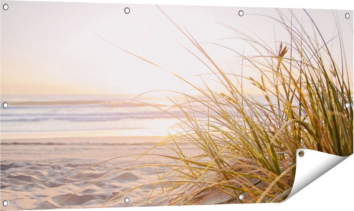 Gards Tuinposter Strand en Duinen tijdens Zonsondergang - 120x60 cm - Tuindoek - Tuindecoratie - Wanddecoratie buiten - Tuinschilderij Multikleur