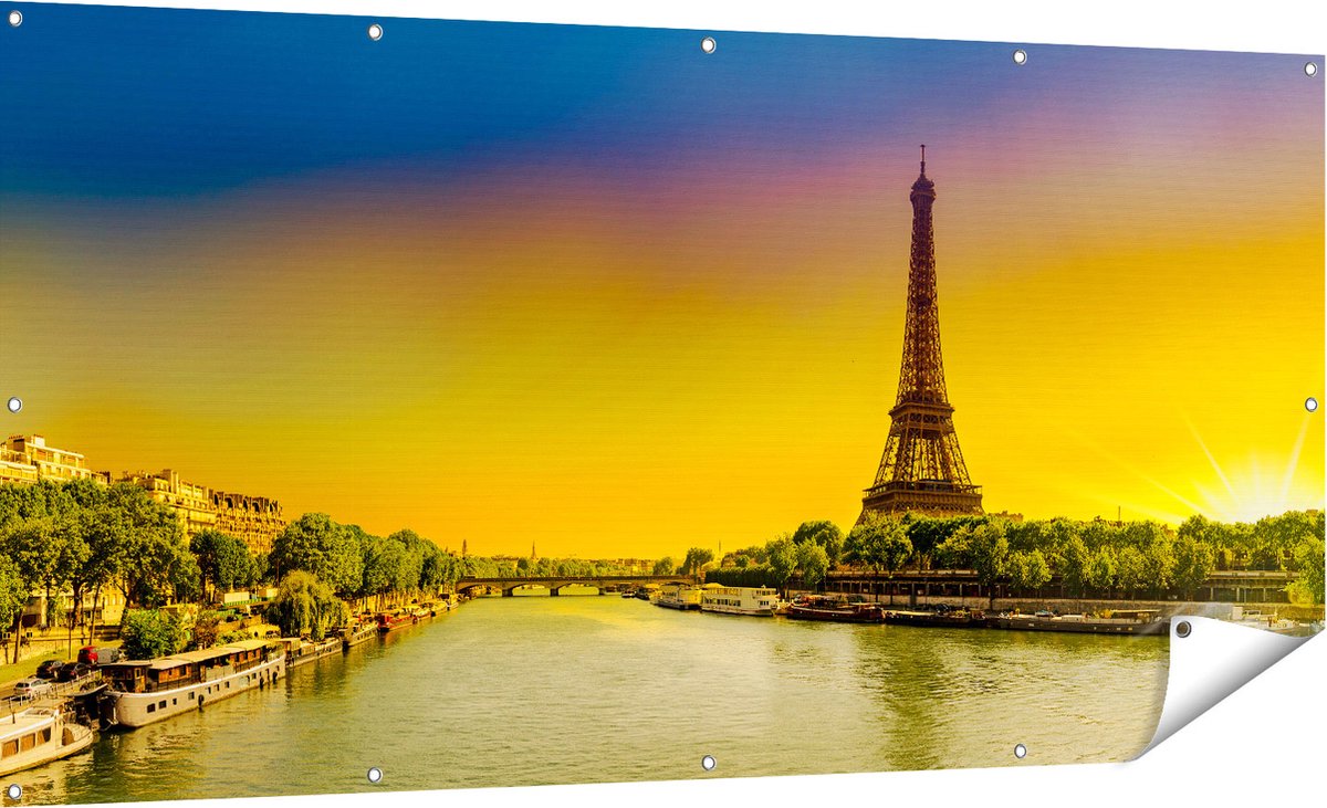 Gards Tuinposter Eiffeltoren in Parijs tijdens Zonsopgang - 180x90 cm - Tuindoek - Tuindecoratie - Wanddecoratie buiten - Tuinschilderij Multikleur