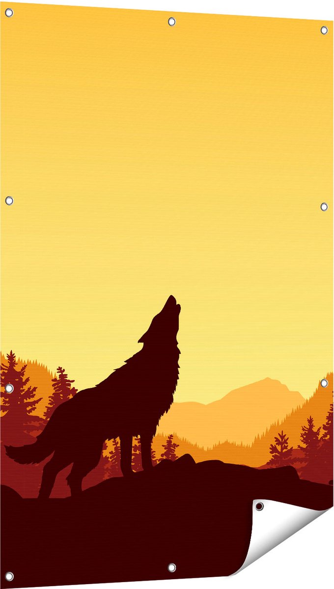 Gards Tuinposter Silhouet van een Wolf in het Bos - Abstract - 80x120 cm - Tuindoek - Tuindecoratie - Wanddecoratie buiten - Tuinschilderij Multikleur