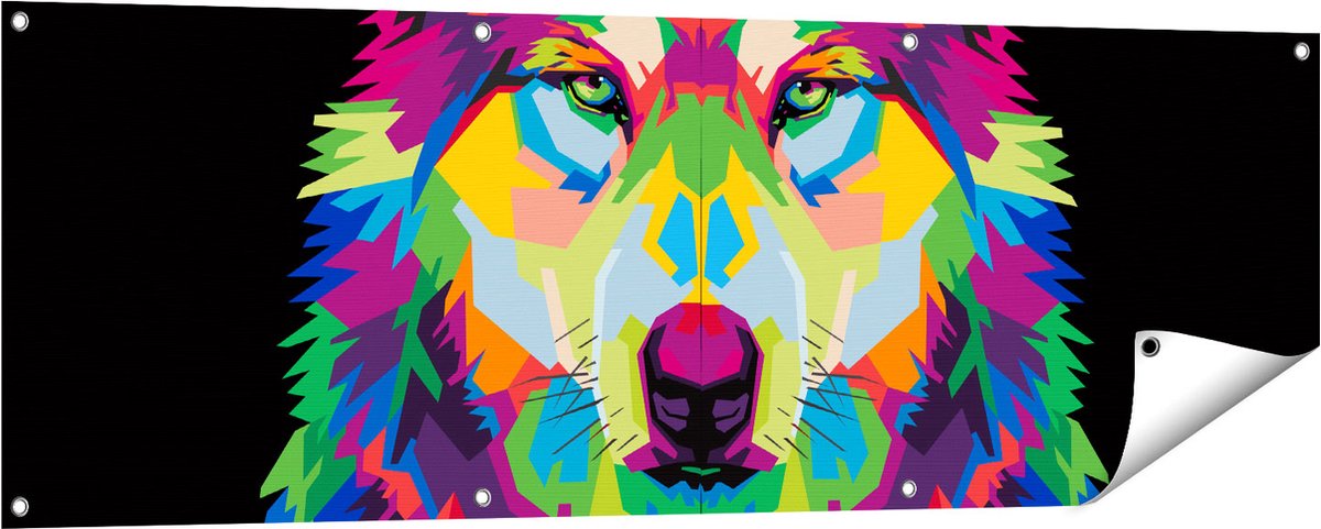 Gards Tuinposter Gekleurde Wolvenkop - Wolf - Abstract - 150x50 cm - Tuindoek - Tuindecoratie - Wanddecoratie buiten - Tuinschilderij Multikleur