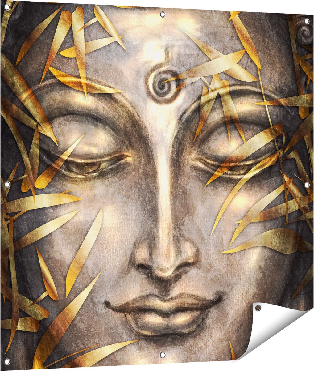 Gards Tuinposter Boeddha Beeld met Gouden Bladeren - 100x100 cm - Tuindoek - Tuindecoratie - Wanddecoratie buiten - Tuinschilderij Multikleur
