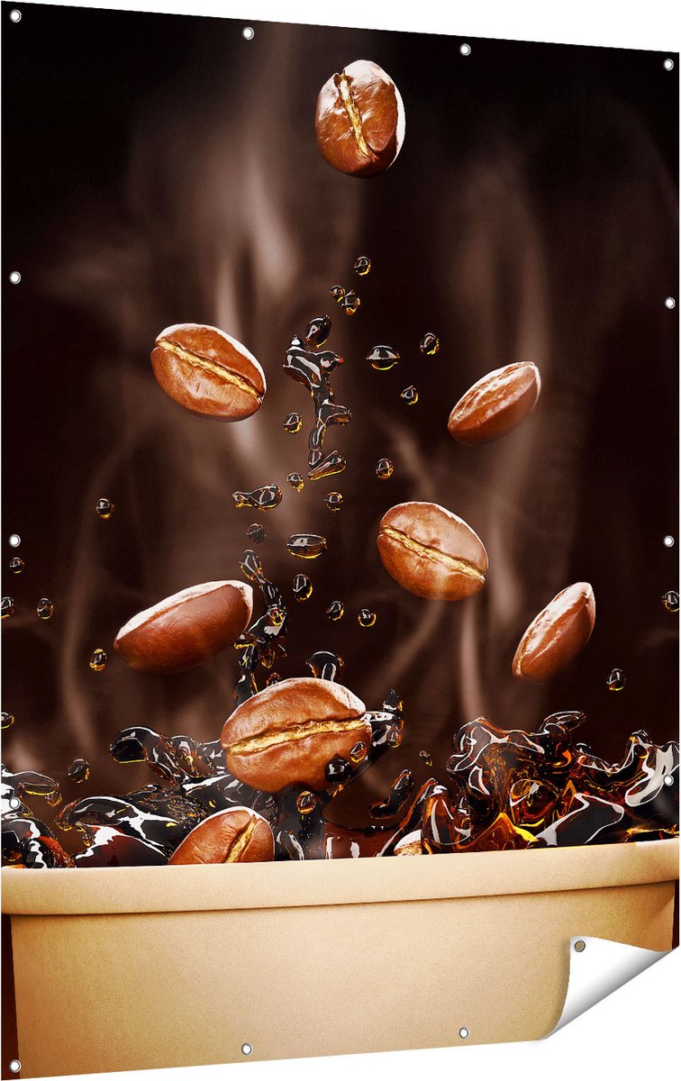 Gards Tuinposter Koffie Beker met Koffiebonen Erin - 120x160 cm - Tuindoek - Tuindecoratie - Wanddecoratie buiten - Tuinschilderij Multikleur
