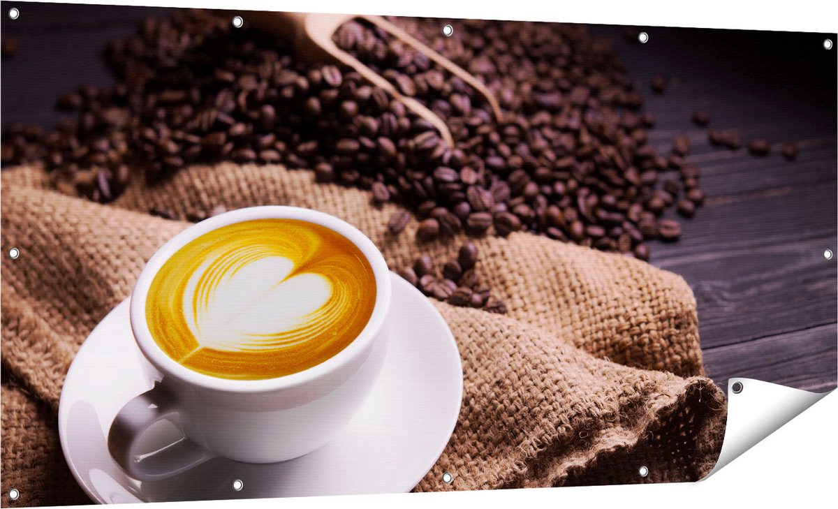 Gards Tuinposter Kopje Koffie in een Hartje met Koffiebonen - 160x80 cm - Tuindoek - Tuindecoratie - Wanddecoratie buiten - Tuinschilderij Multikleur