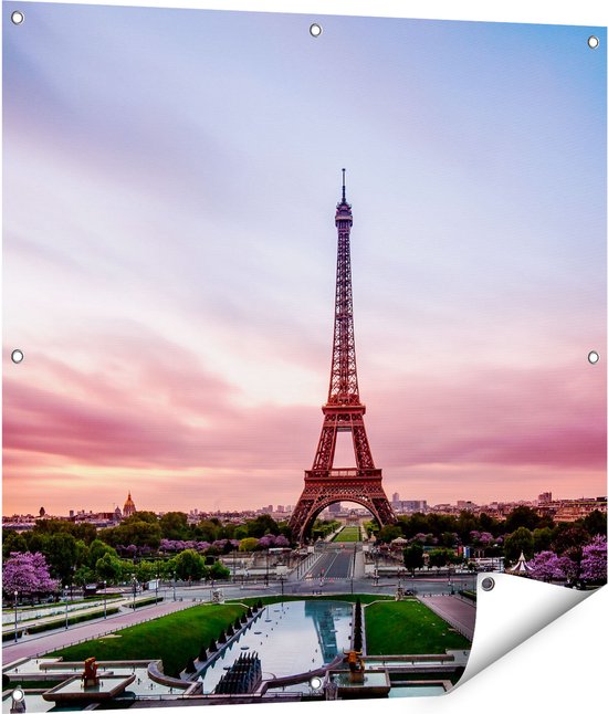 Gards Tuinposter Eiffeltoren in Parijs met Kleurrijke Hemel - 90x90 cm - Tuindoek - Tuindecoratie - Wanddecoratie buiten - Tuinschilderij