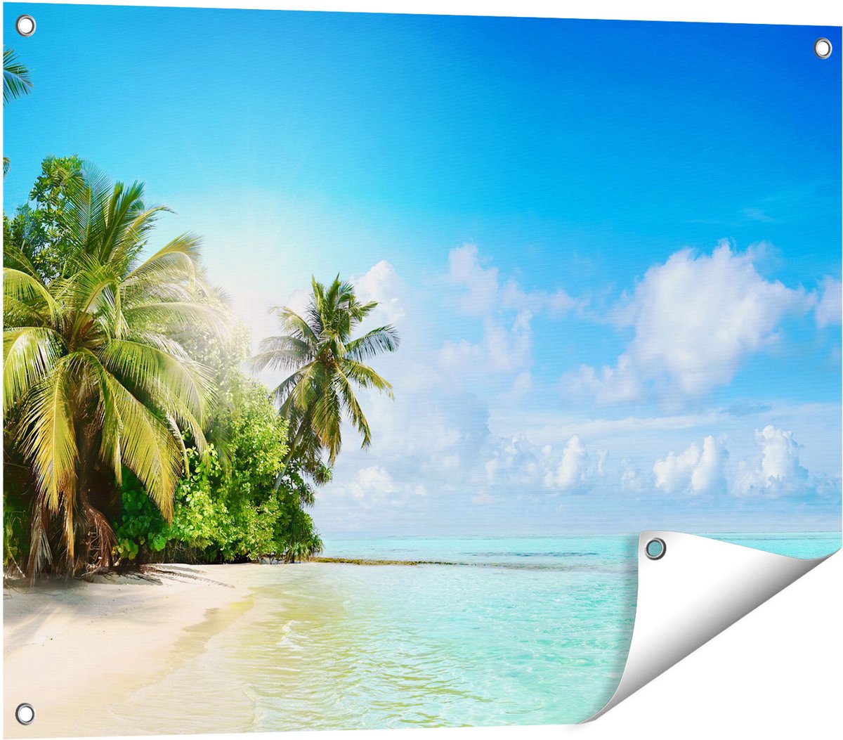 Gards Tuinposter Tropisch Strand bij de Licht Blauwe Zee - 80x60 cm - Tuindoek - Tuindecoratie - Wanddecoratie buiten - Tuinschilderij Multikleur