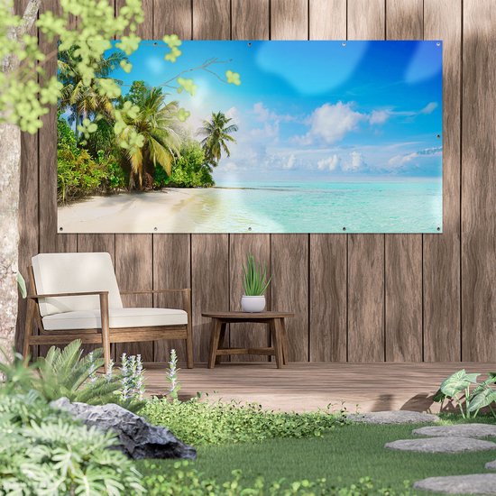 Gars Affiche de jardin Plage Tropicale à la Mer Bleu Clair - 200x100 cm - Toile jardin - Décoration de jardin - Décoration murale extérieur - Tableau jardin
