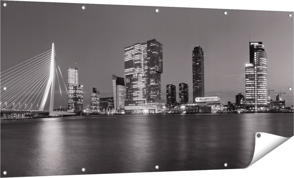 Gards Tuinposter Rotterdamse Skyline - Zwart Wit - 160x80 cm - Tuindoek - Tuindecoratie - Wanddecoratie buiten - Tuinschilderij Multikleur
