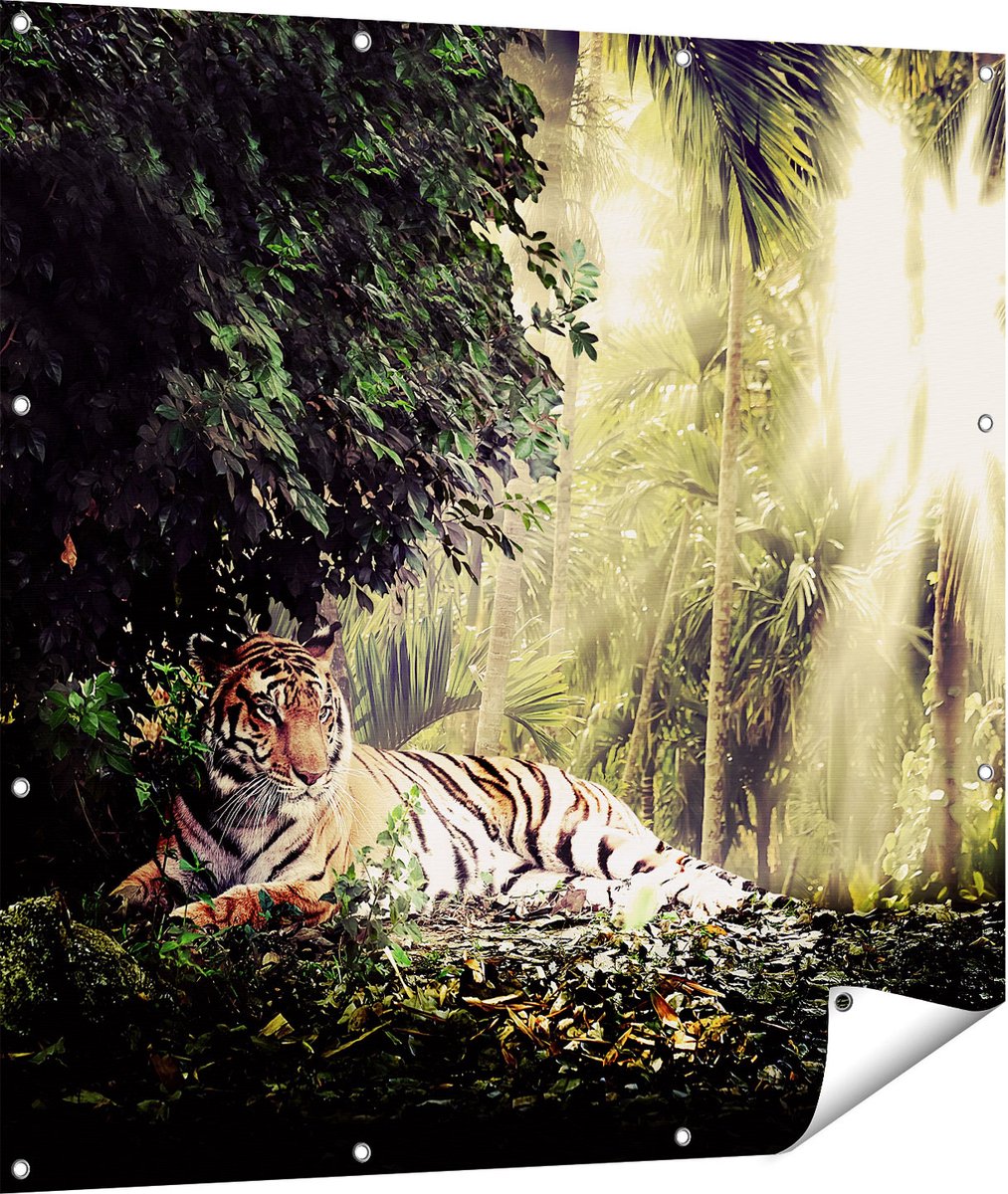 Gards Tuinposter Tijger in de Jungle met Zonneschijn - 110x110 cm - Tuindoek - Tuindecoratie - Wanddecoratie buiten - Tuinschilderij Multikleur