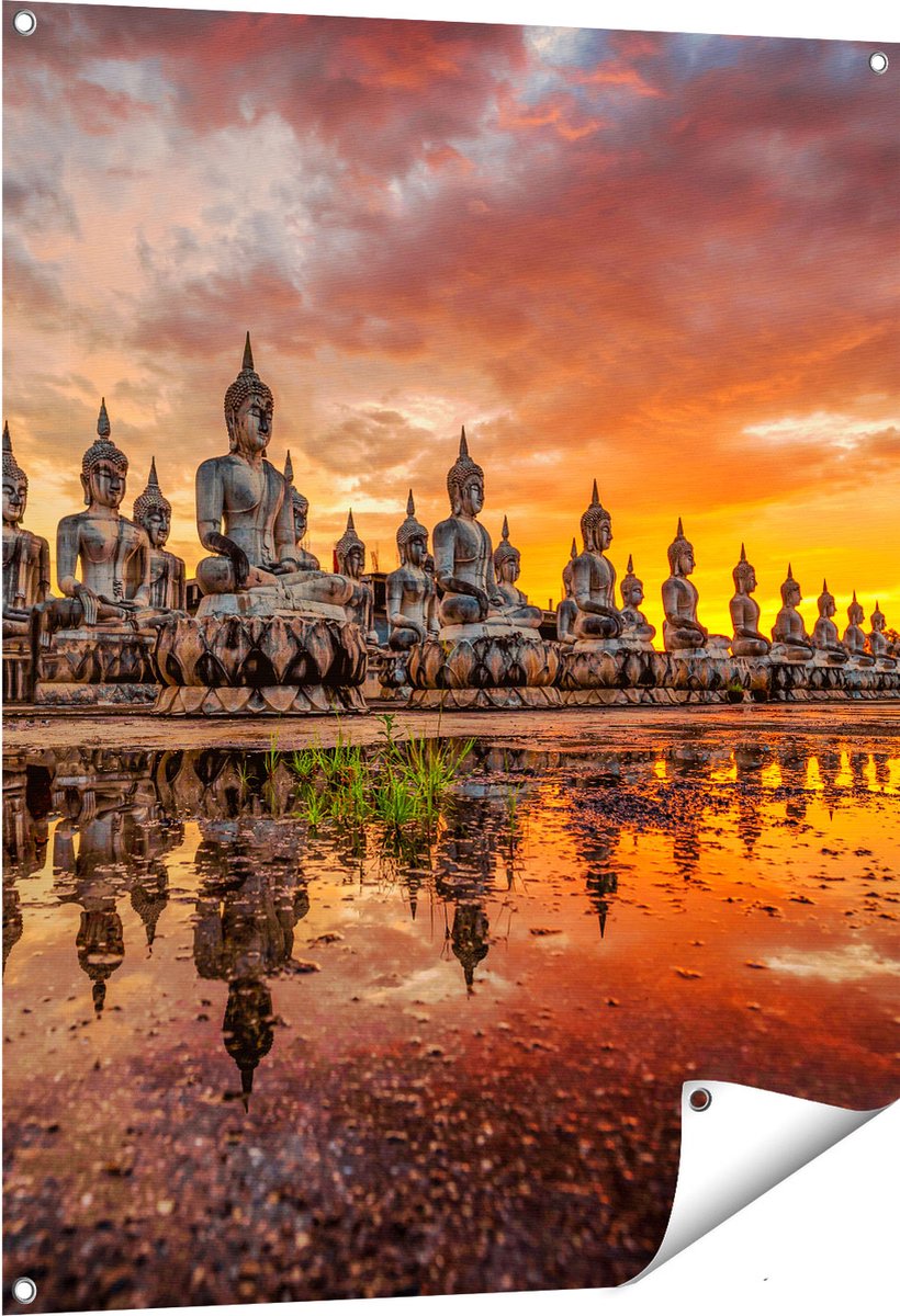 Gards Tuinposter Boeddha Beelden tijdens Zonsondergang - 80x100 cm - Tuindoek - Tuindecoratie - Wanddecoratie buiten - Tuinschilderij Multikleur