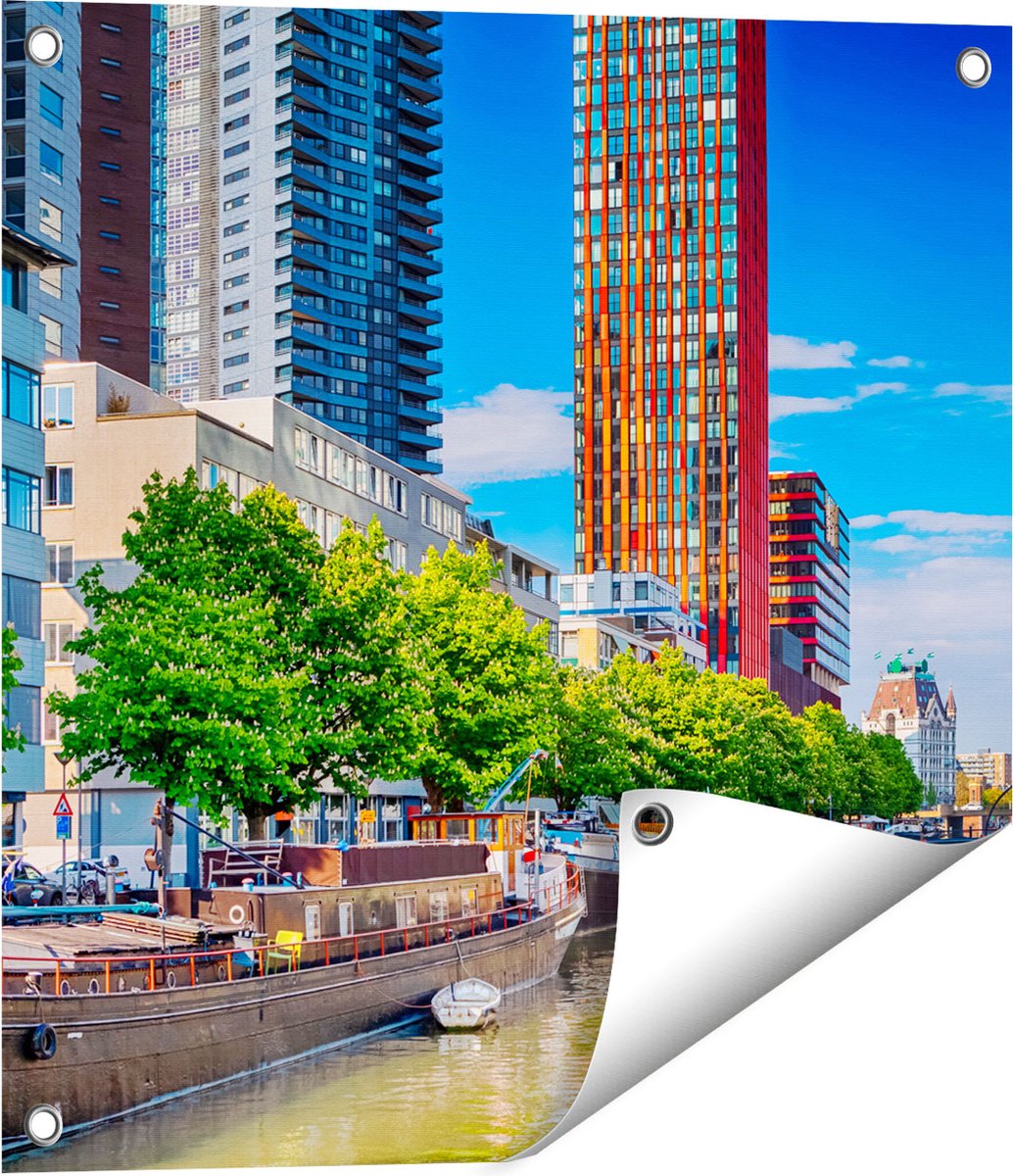 Gards Tuinposter Rotterdamse Gracht met Boten - 50x50 cm - Tuindoek - Tuindecoratie - Wanddecoratie buiten - Tuinschilderij Multikleur
