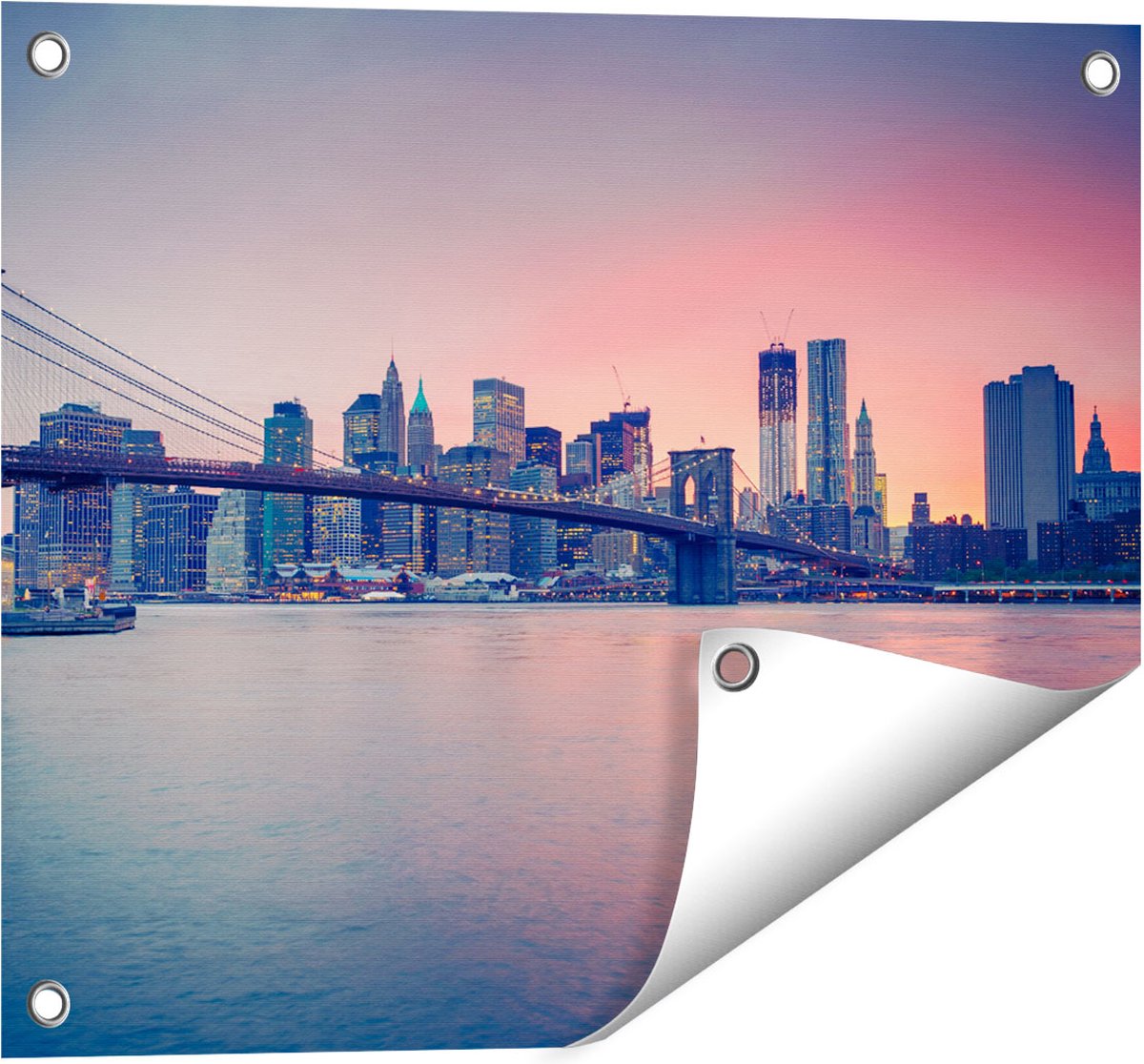 Gards Tuinposter New York Brooklyn Brug bij Zonsondergang - 50x40 cm - Tuindoek - Tuindecoratie - Wanddecoratie buiten - Tuinschilderij Multikleur