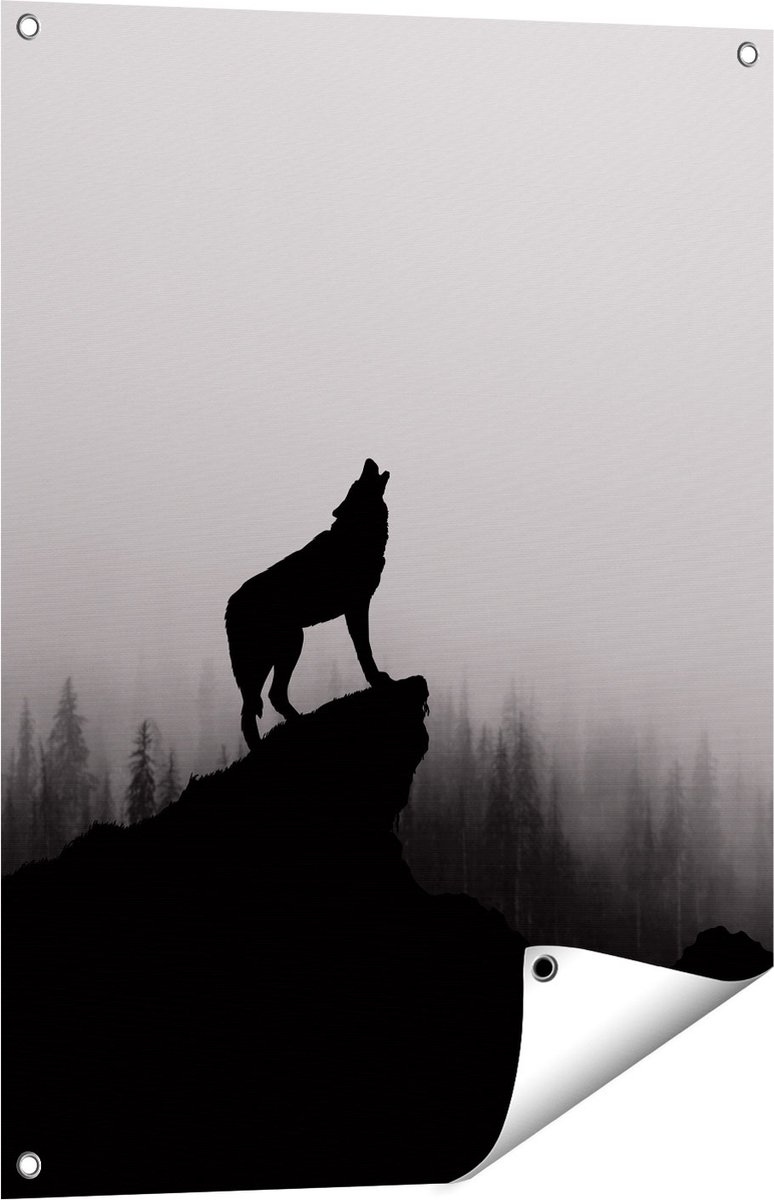 Gards Tuinposter Silhouet van een Huilende Wolf - Abstract - 60x80 cm - Tuindoek - Tuindecoratie - Wanddecoratie buiten - Tuinschilderij Multikleur