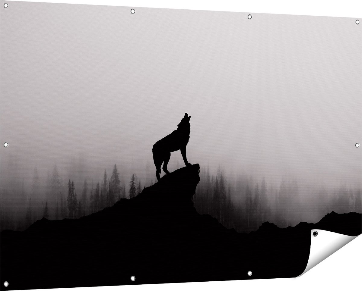 Gards Tuinposter Silhouet van een Huilende Wolf - Abstract - 150x100 cm - Tuindoek - Tuindecoratie - Wanddecoratie buiten - Tuinschilderij Multikleur