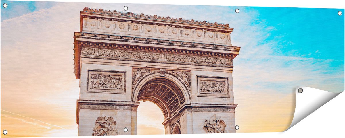 Gards Tuinposter Arc de Triomphe in Parijs met Zonsondergang - 150x50 cm - Tuindoek - Tuindecoratie - Wanddecoratie buiten - Tuinschilderij Multikleur