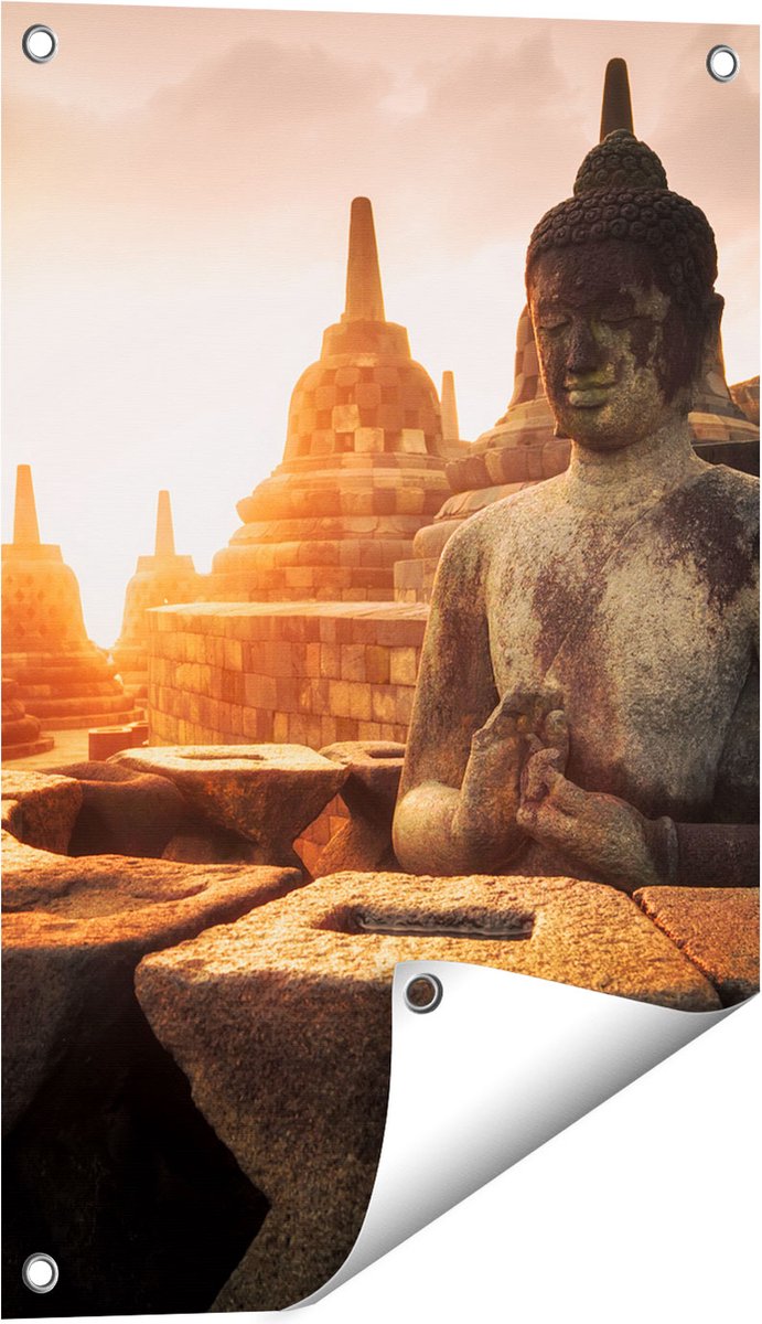 Gards Tuinposter Boeddha Beeld in een Tempel - 40x60 cm - Tuindoek - Tuindecoratie - Wanddecoratie buiten - Tuinschilderij Multikleur