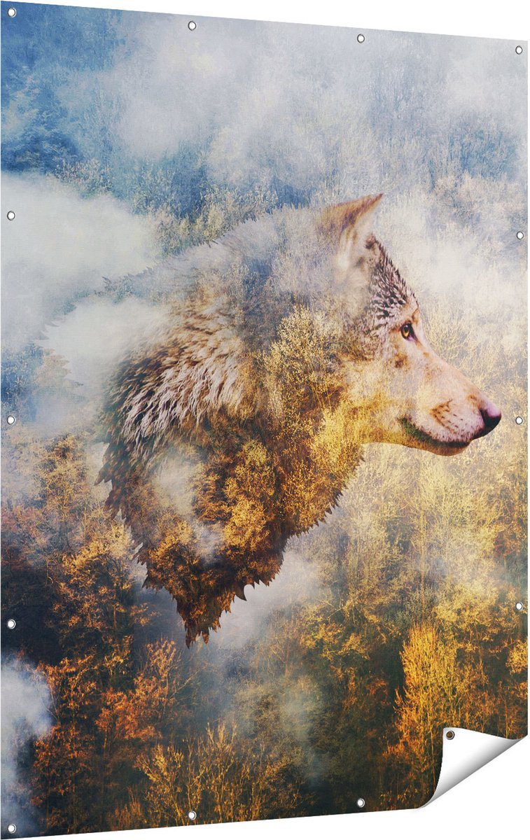 Gards Tuinposter Wolvenkop op een Herfstbos - Wolf - Abstract - 120x160 cm - Tuindoek - Tuindecoratie - Wanddecoratie buiten - Tuinschilderij Multikleur