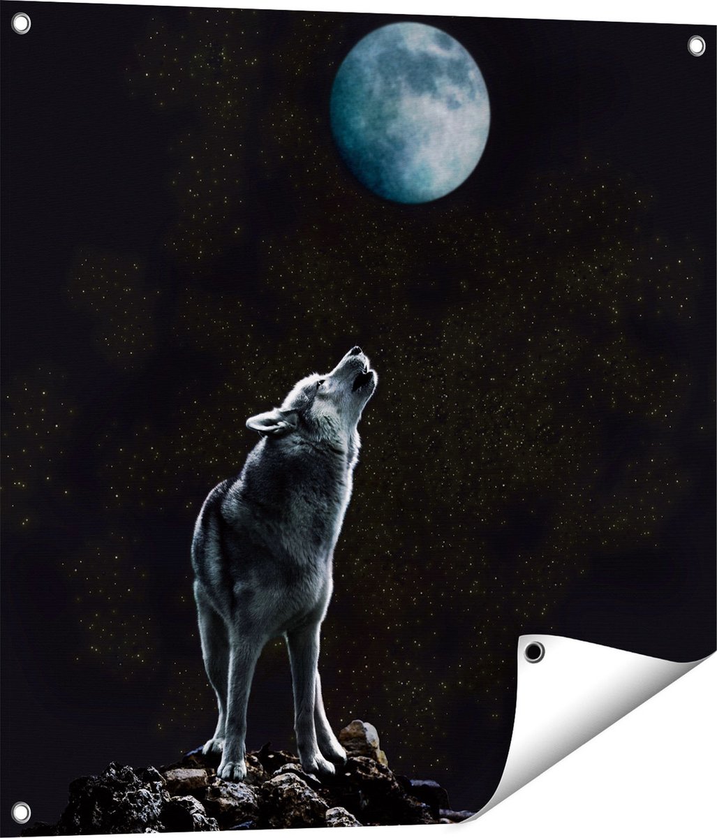 Gards Tuinposter Wolf Huilt naar de Volle Maan - 70x70 cm - Tuindoek - Tuindecoratie - Wanddecoratie buiten - Tuinschilderij Multikleur