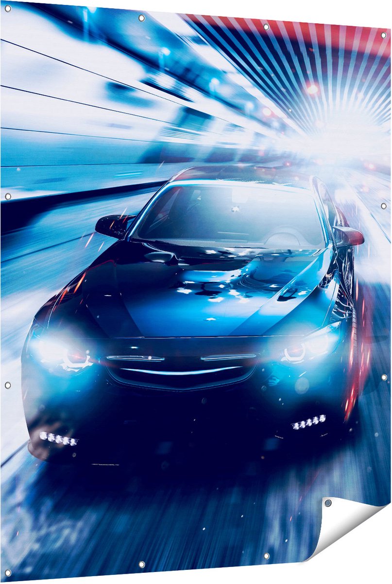 Gards Tuinposter Zwarte Sportwagen Auto - Abstract - 120x150 cm - Tuindoek - Tuindecoratie - Wanddecoratie buiten - Tuinschilderij Multikleur