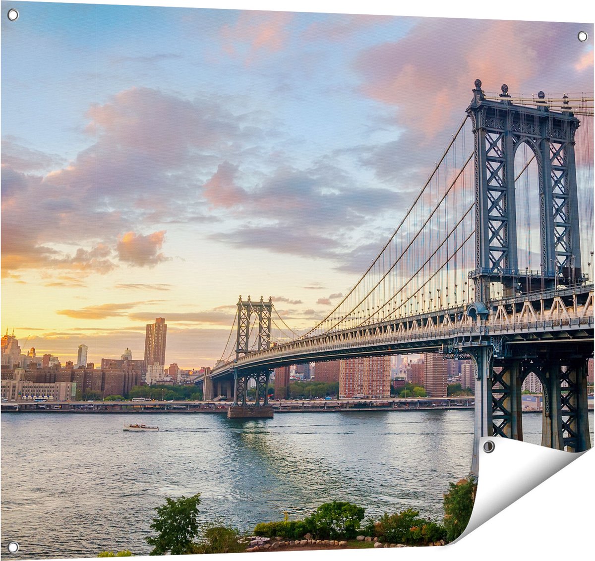 Gards Tuinposter Manhattan Bridge Brug in New York - 100x80 cm - Tuindoek - Tuindecoratie - Wanddecoratie buiten - Tuinschilderij Multikleur