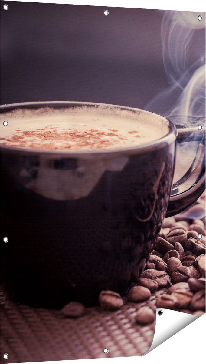 Gards Tuinposter Hete Koffie Kop met Koffiebonen - 80x120 cm - Tuindoek - Tuindecoratie - Wanddecoratie buiten - Tuinschilderij Multikleur