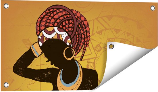 Gards Tuinposter Getekende Afrikaanse Vrouw - Abstract - 60x30 cm - Tuindoek - Tuindecoratie - Wanddecoratie buiten - Tuinschilderij