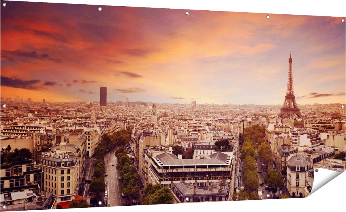 Gards Tuinposter Skyline Parijs met Eiffeltoren - 200x100 cm - Tuindoek - Tuindecoratie - Wanddecoratie buiten - Tuinschilderij Multikleur