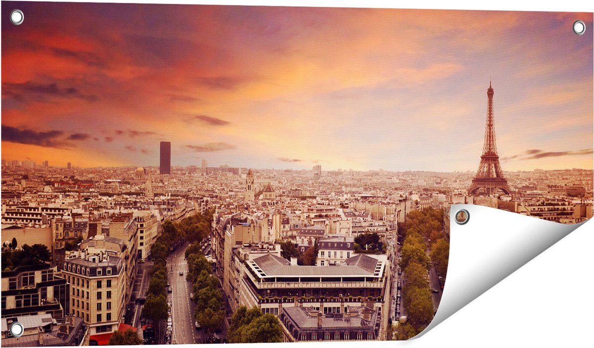 Gards Tuinposter Skyline Parijs met Eiffeltoren - 80x40 cm - Tuindoek - Tuindecoratie - Wanddecoratie buiten - Tuinschilderij Multikleur