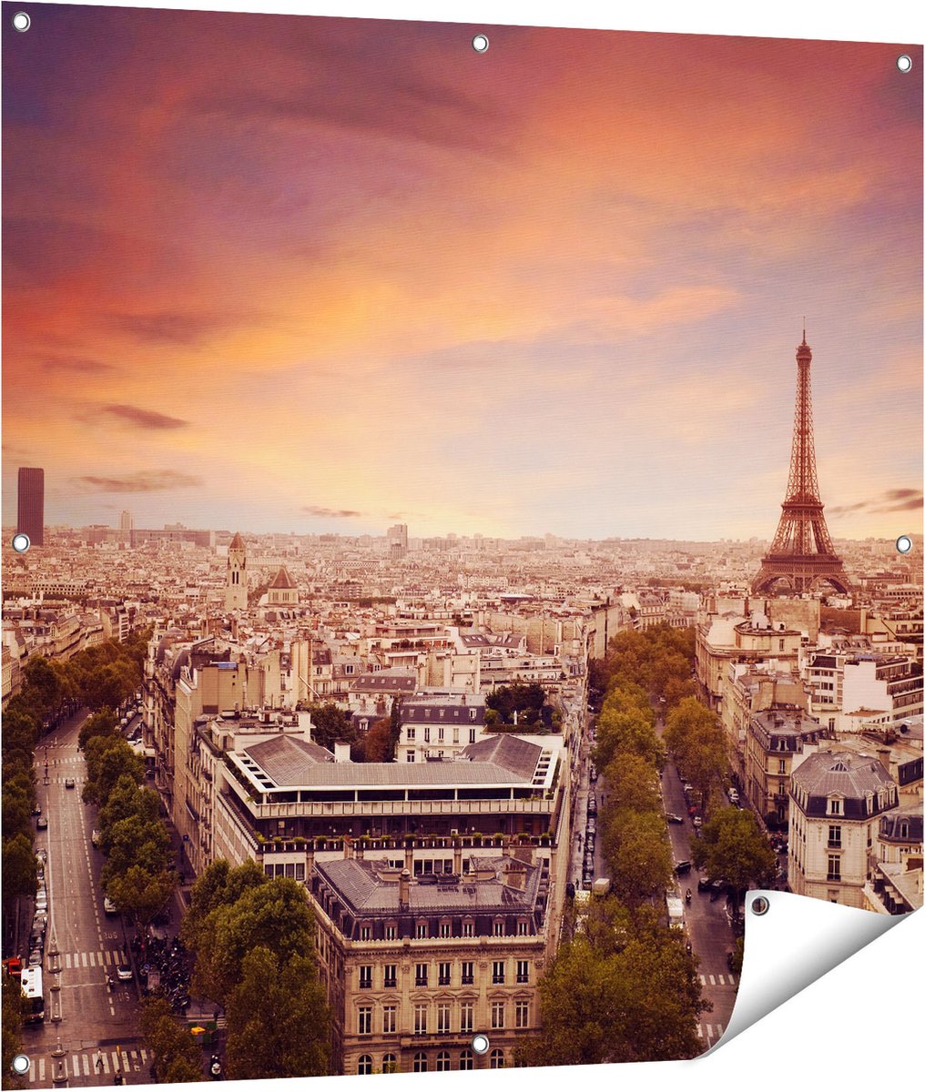 Gards Tuinposter Skyline Parijs met Eiffeltoren - 100x100 cm - Tuindoek - Tuindecoratie - Wanddecoratie buiten - Tuinschilderij Multikleur