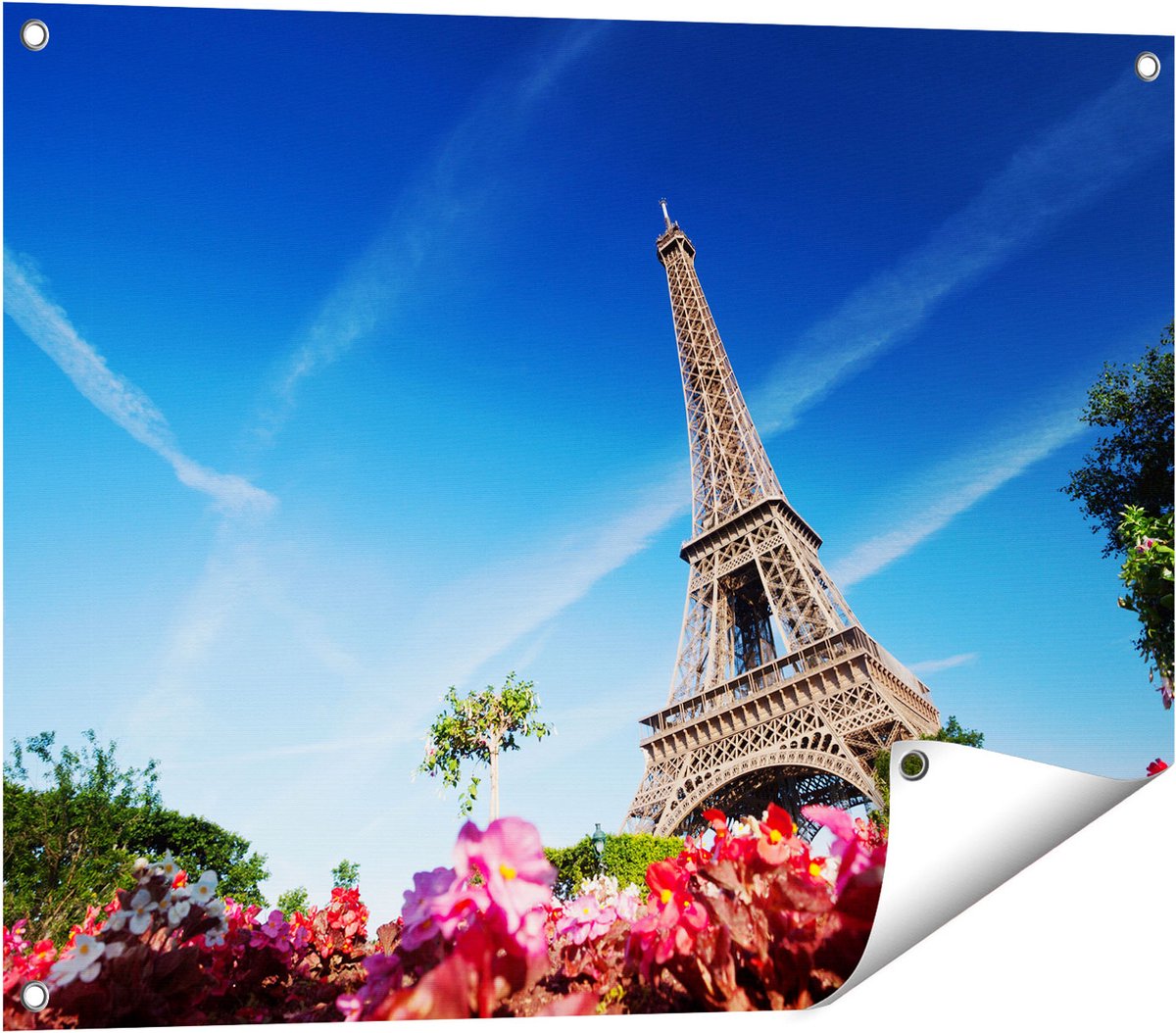 Gards Tuinposter Eiffeltoren in Parijs met Bloemen - 80x60 cm - Tuindoek - Tuindecoratie - Wanddecoratie buiten - Tuinschilderij Multikleur