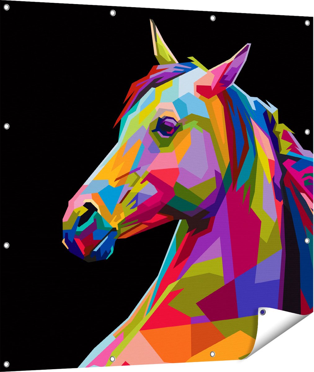 Gards Tuinposter Kleurrijke Paardenkop - Paard - Abstract - 110x110 cm - Tuindoek - Tuindecoratie - Wanddecoratie buiten - Tuinschilderij Multikleur