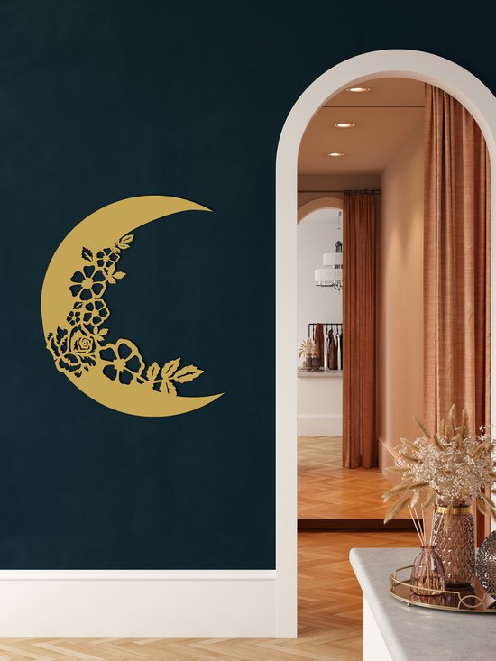 Wanddecoratie | Maan / Moon | Metal - Wall Art | Muurdecoratie | Woonkamer | Buiten Decor |Gouden| 63x75cm