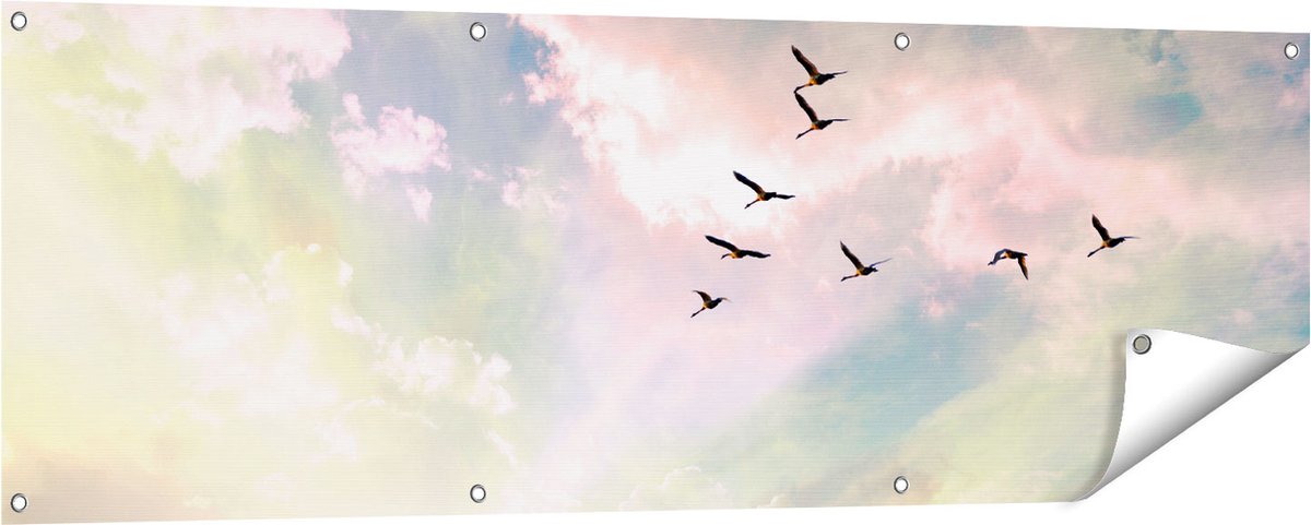 Gards Tuinposter Groep Vogels Vliegen Boven het Gras - 150x50 cm - Tuindoek - Tuindecoratie - Wanddecoratie buiten - Tuinschilderij Multikleur