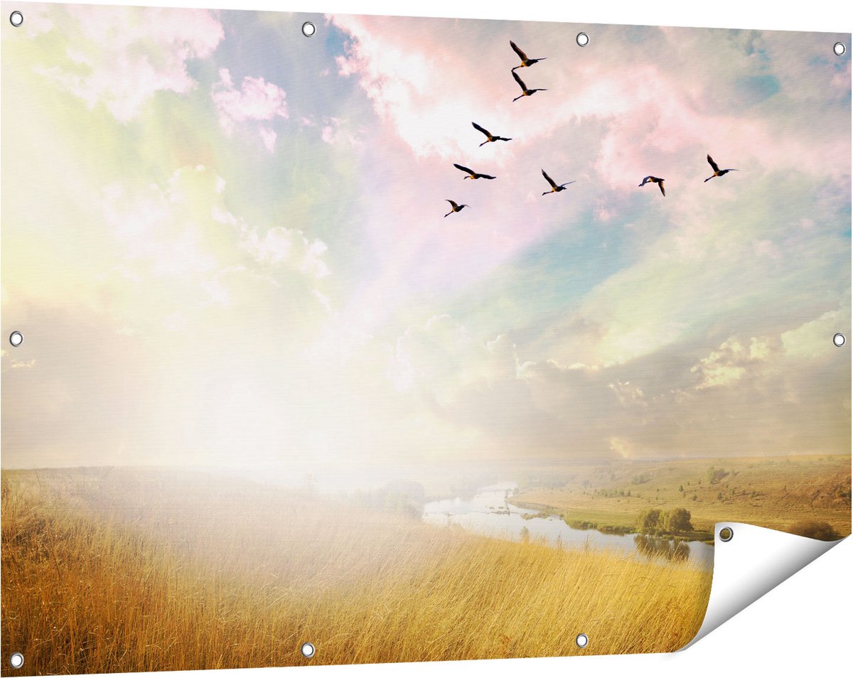 Gards Tuinposter Groep Vogels Vliegen Boven het Gras - 120x80 cm - Tuindoek - Tuindecoratie - Wanddecoratie buiten - Tuinschilderij Multikleur