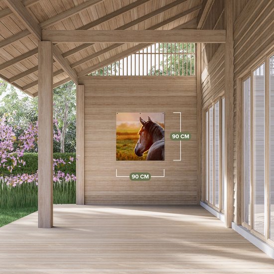 Affiche de jardin Gards Cheval dans le pré au coucher du soleil - 90x90 cm - Toile de jardin - Décoration de jardin - Décoration murale extérieur - Tableau de jardin