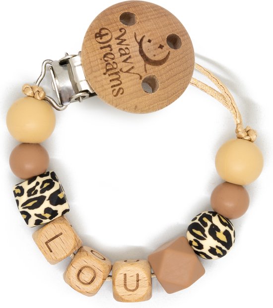 Wavy Dreams - Combiset Speenkoord & Sleutelhanger / Luiertashanger - Speenkoord met naam - Jongen Meisje Unisex - Kraamcadeau - Zand Panter - Speenketting met naam - Sleutelhanger met naam - Model Lou van Wavy Dreams — afbeelding 5