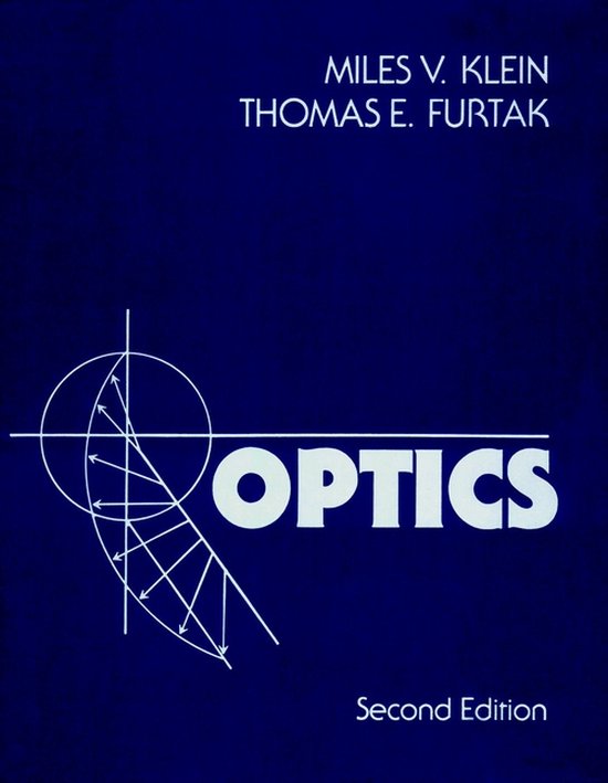 Boek 'Optics' (Tweede Editie) met een blauwe omslag en witte tekst. Een grafische weergave van lichtstralen.