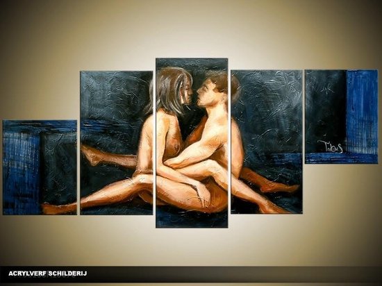 Schilderij -  Kunst, Sexy - Naakte Vrouw - Crème, Grijs, Blauw - 150x70cm 5Luik - GroepArt - Handgeschilderd Schilderij - Canvas Schilderij - Wanddecoratie - Woonkamer - Slaapkamer - Geschilderd Door Onze Kunstenaars 2000+Collectie Maatwerk Mogelijk